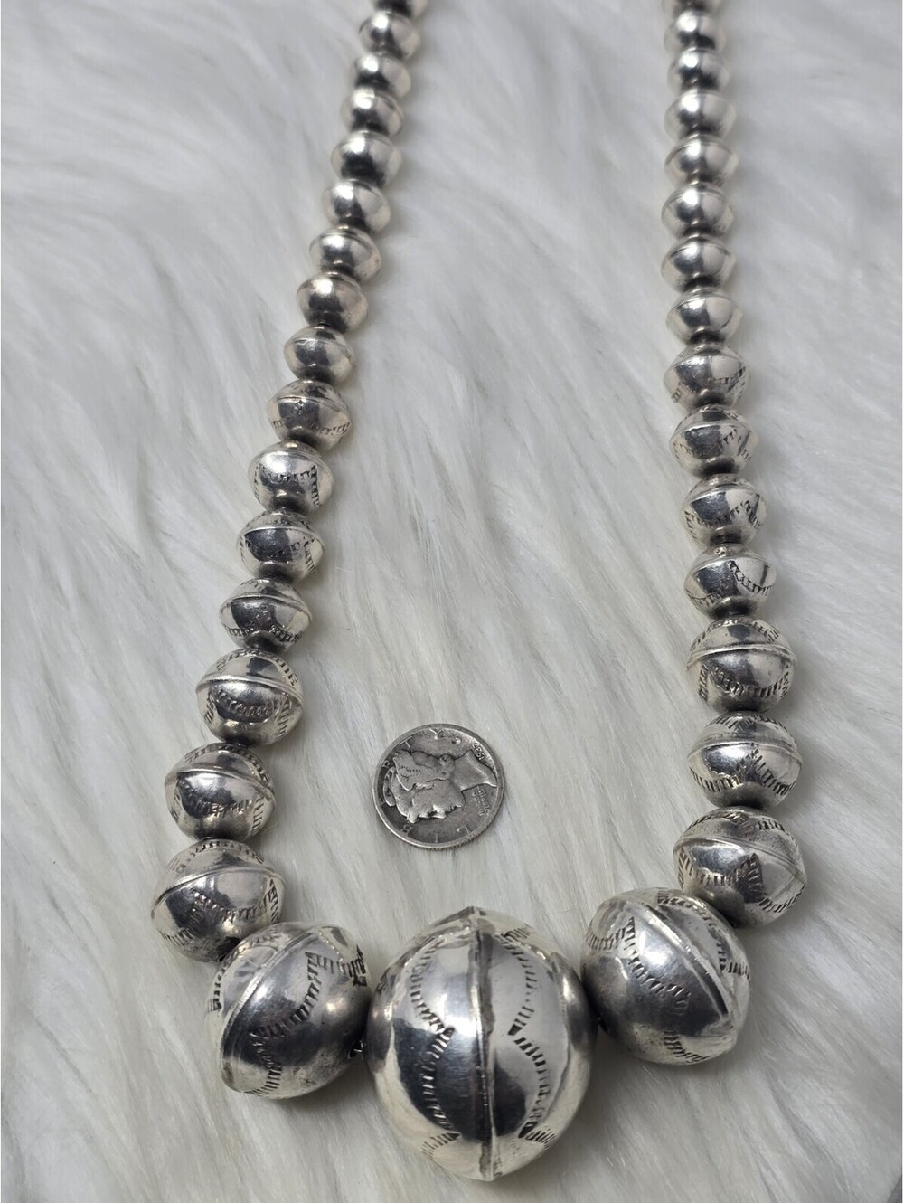 Navajo Sterling Silver Graduated Stamped Pearls Necklace 24" - Picture 4 of 8